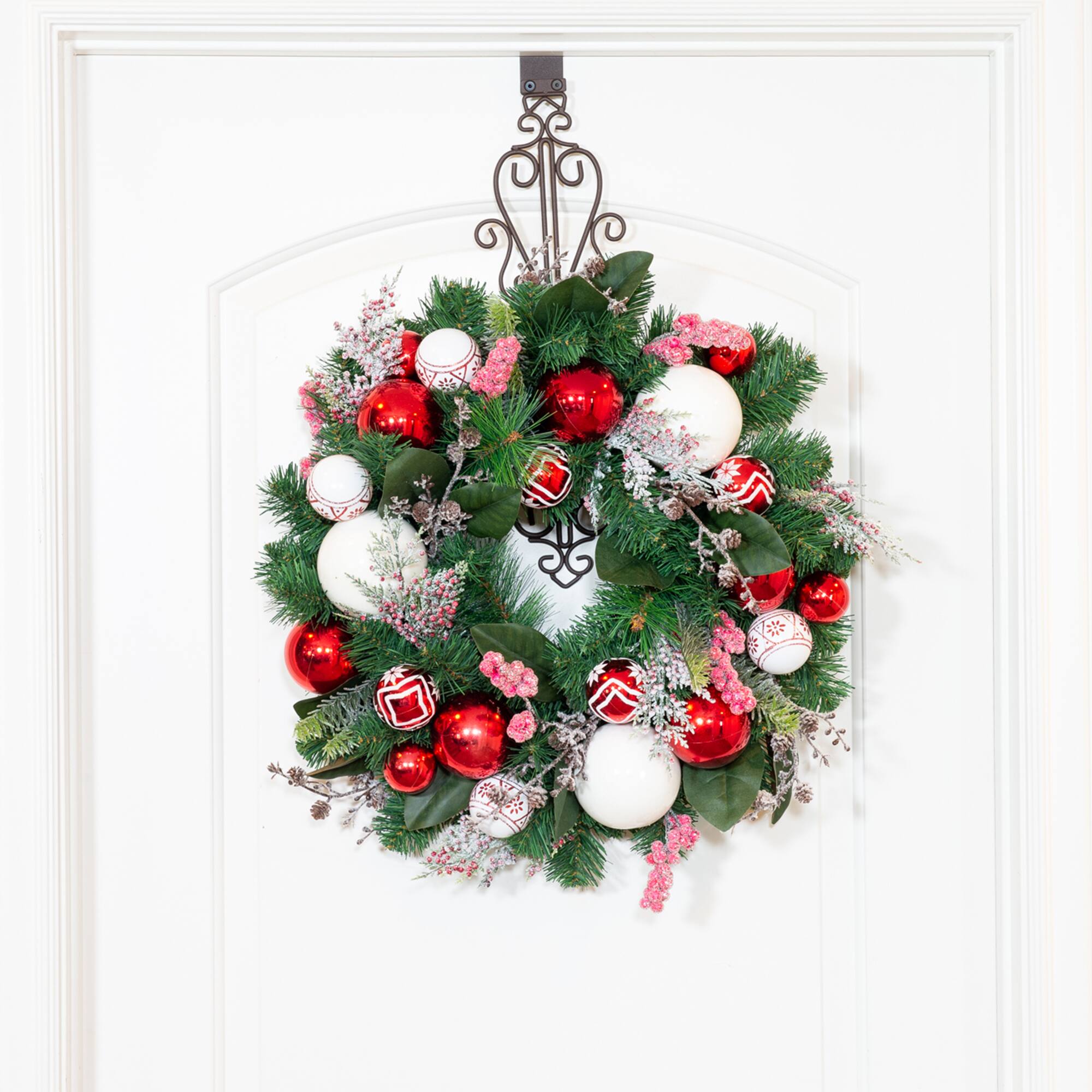 Village Lighting 24" Pre-Lit Nordic Christmas Wreath, Red & Clear LED Lights